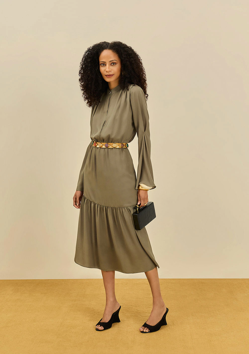 Vestido Maria.Valentina Solto Gola Padre Manga Longa Midi Verde