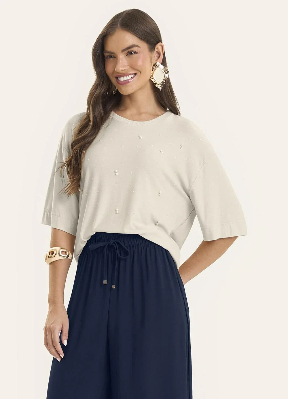 Rovitex - Blusa Feminina com Strass Visco Creponada Bege