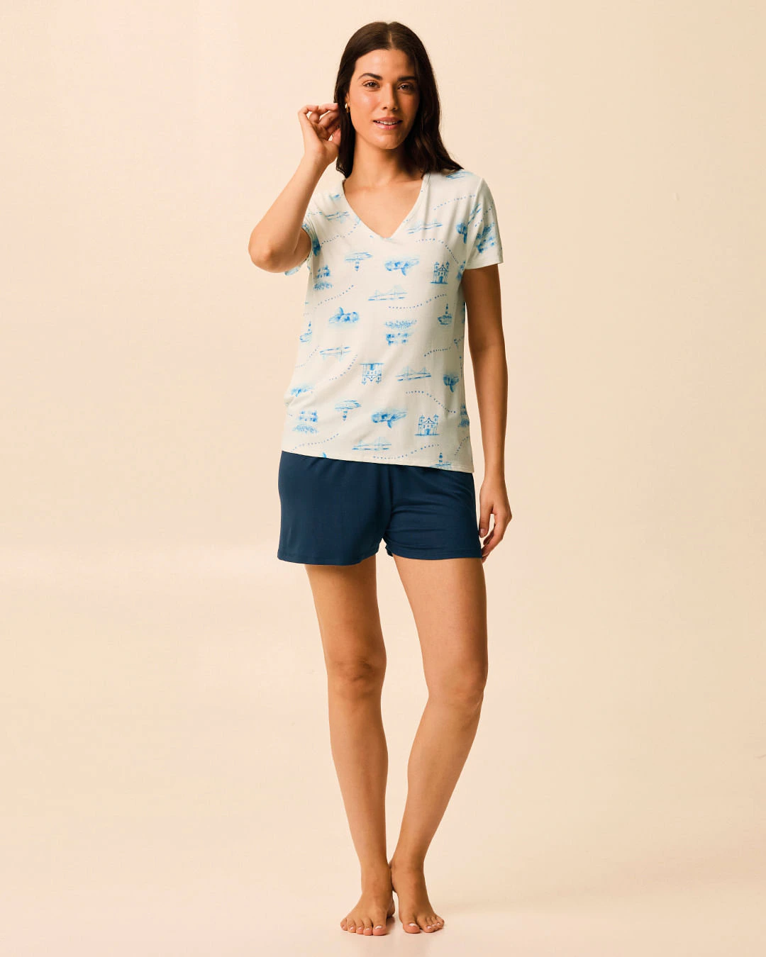 Pijama Curto Feminino Blusa Estampa Digital E Shorts Em Viscose Stretch
