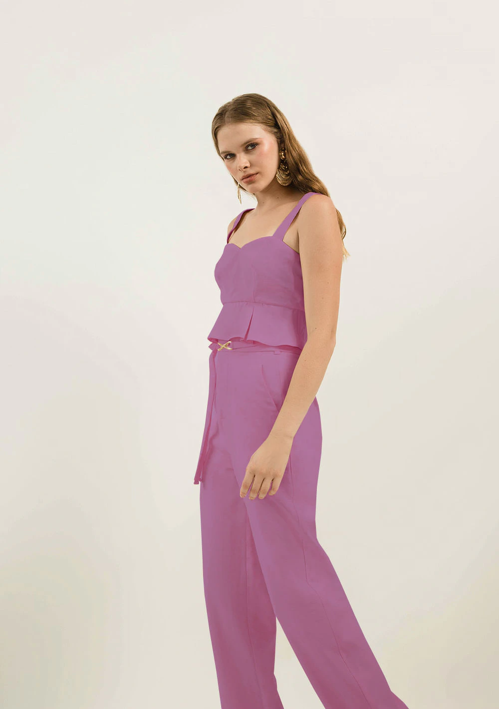 Calça Zinco Pantalona Reta Cós Alto Com Cinto Rosa