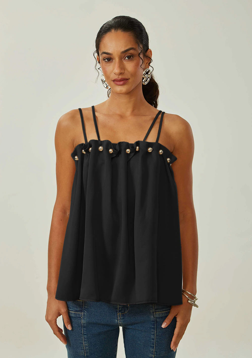 Blusa Maria.Valentina Solta Decote Reto Manga Curta Padrão Preto