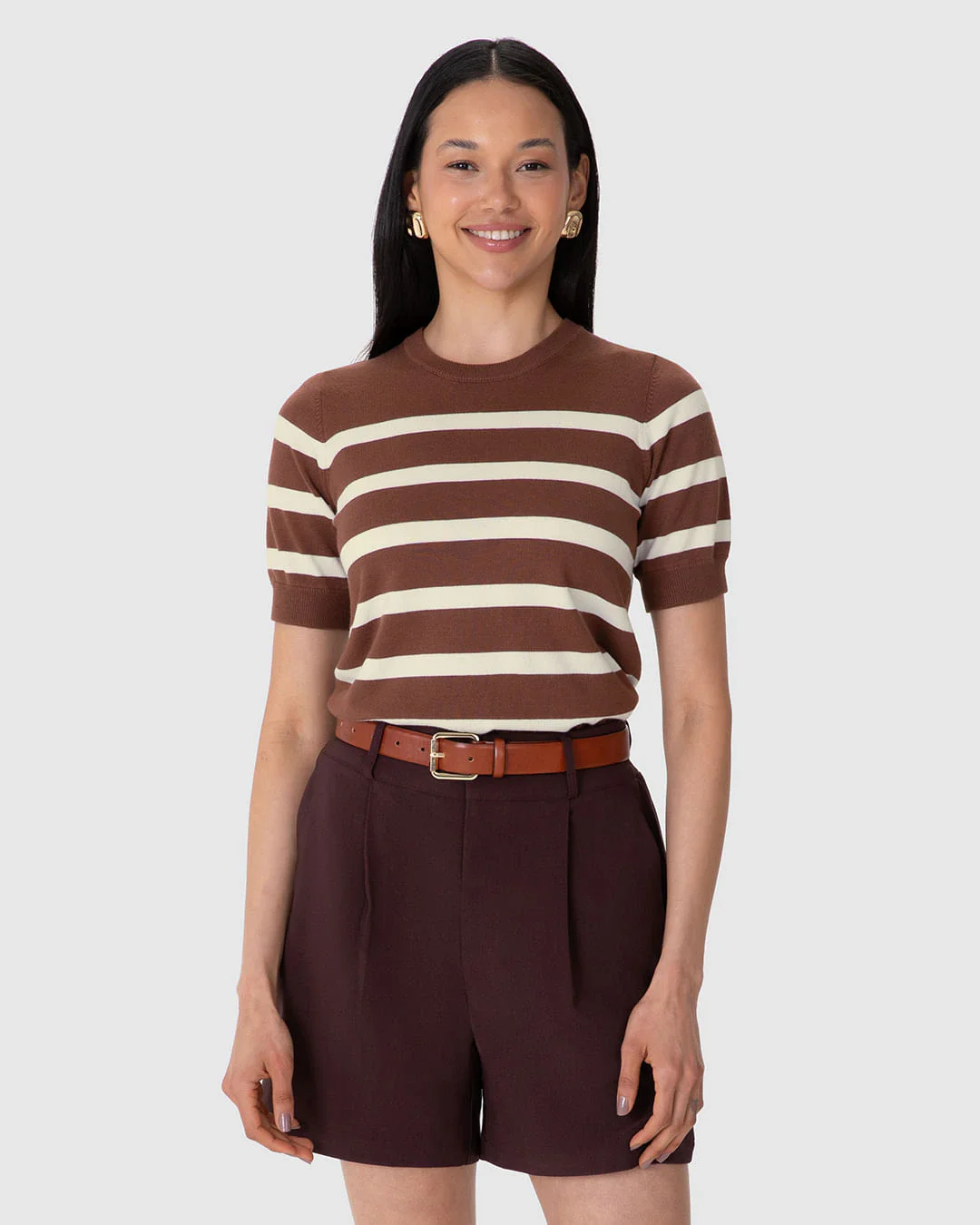 Blusa Feminina Listrada Manga Curta Com Barra E Mangas Caneladas Em Tricô