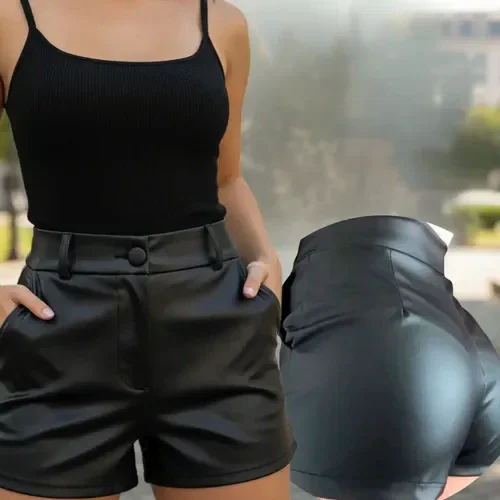 Short Feminino Couro Fake Com Botao Cintura Alta Social
