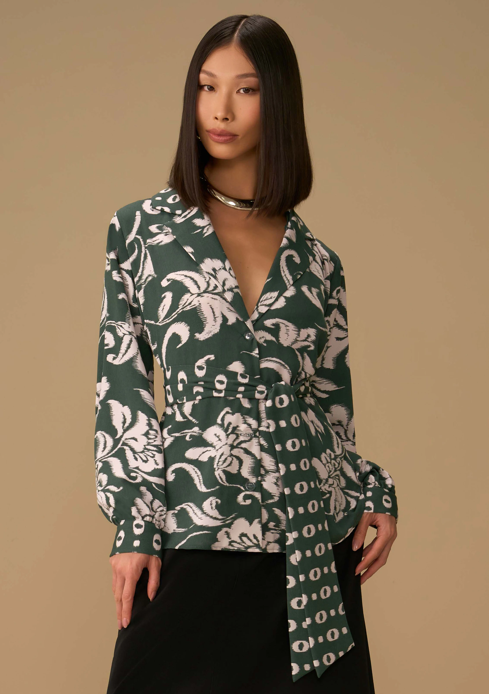 Camisa Maria.Valentina Solta Gola Tradicional Manga Longa Alongada Verde