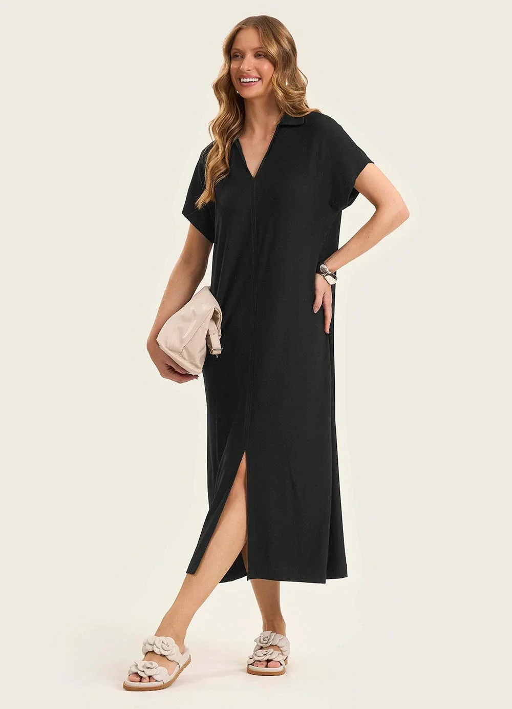 Rovitex - Vestido Midi em Visco Creponada Preto