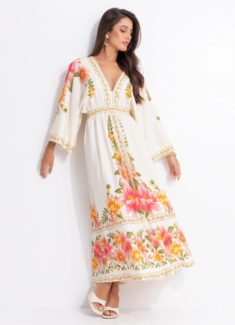 Farm - Vestido Midi Cropped Carolina Bege