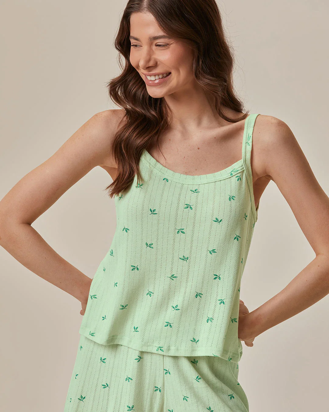 Pijama Curto Feminino Estampado Em Malha Jacquard Texturizada