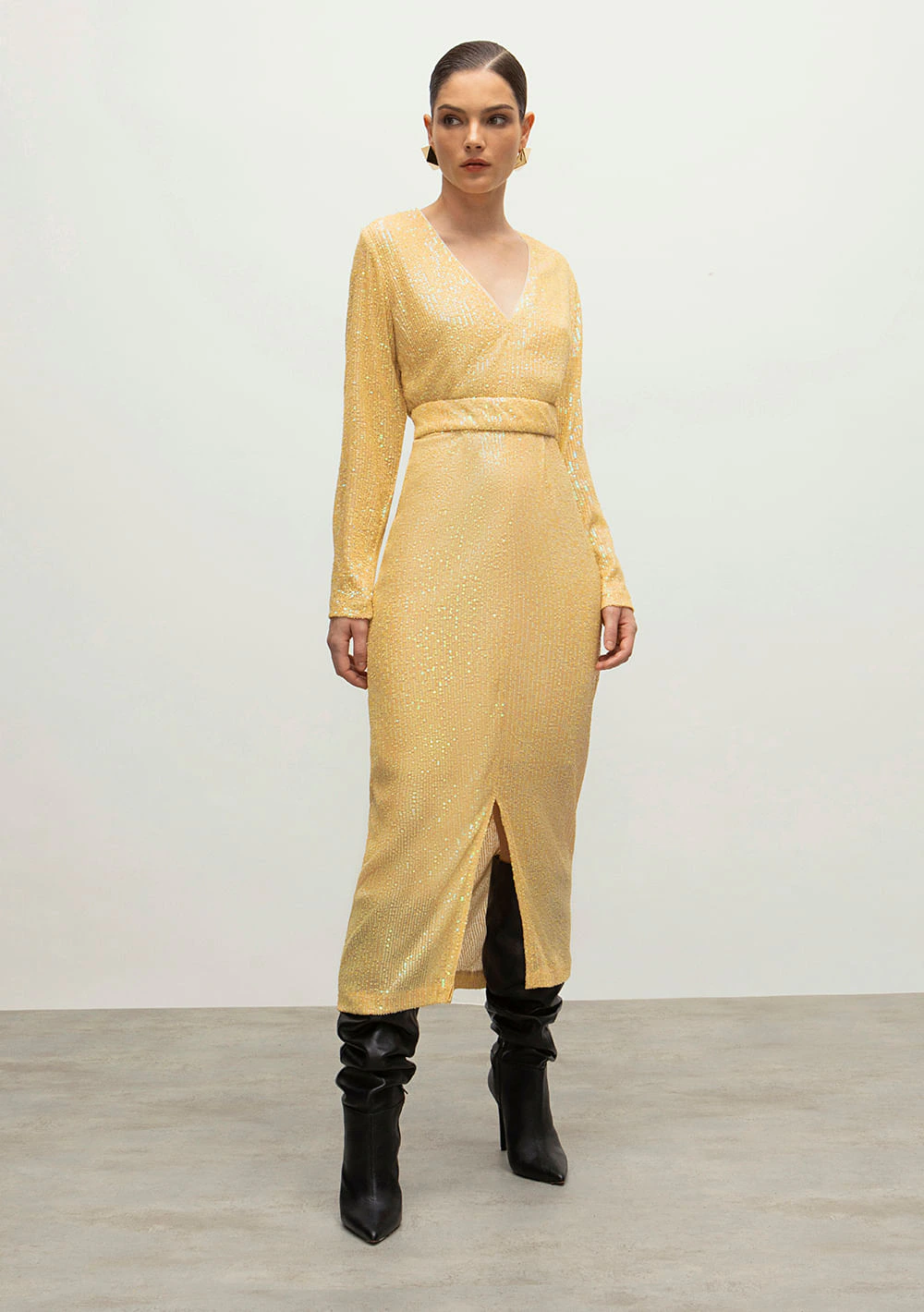 Vestido Iódice Longo Decote V Com Fenda Bege