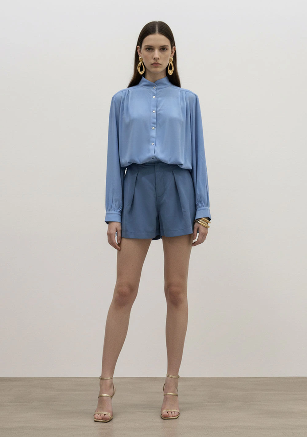 Camisa Solta Gola Alta Manga Longa Padrão Azul