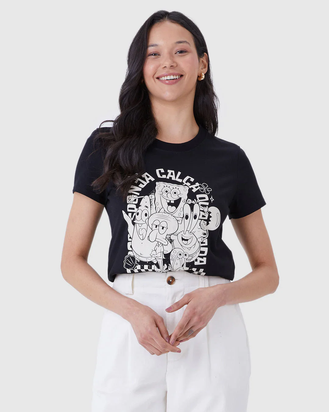 Camiseta Feminina Baby Look Bob Esponja Calça Quadrada Em Algodão
