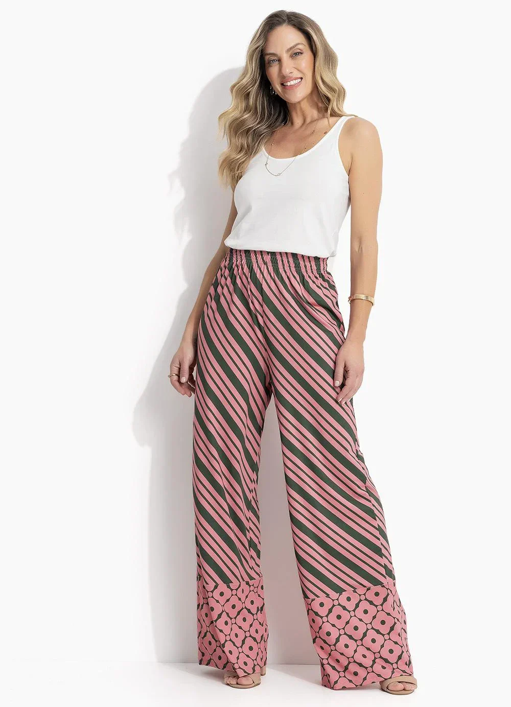 Quintess - Calça Pantalona Listrada em Malha Fria com Cós Elástico
