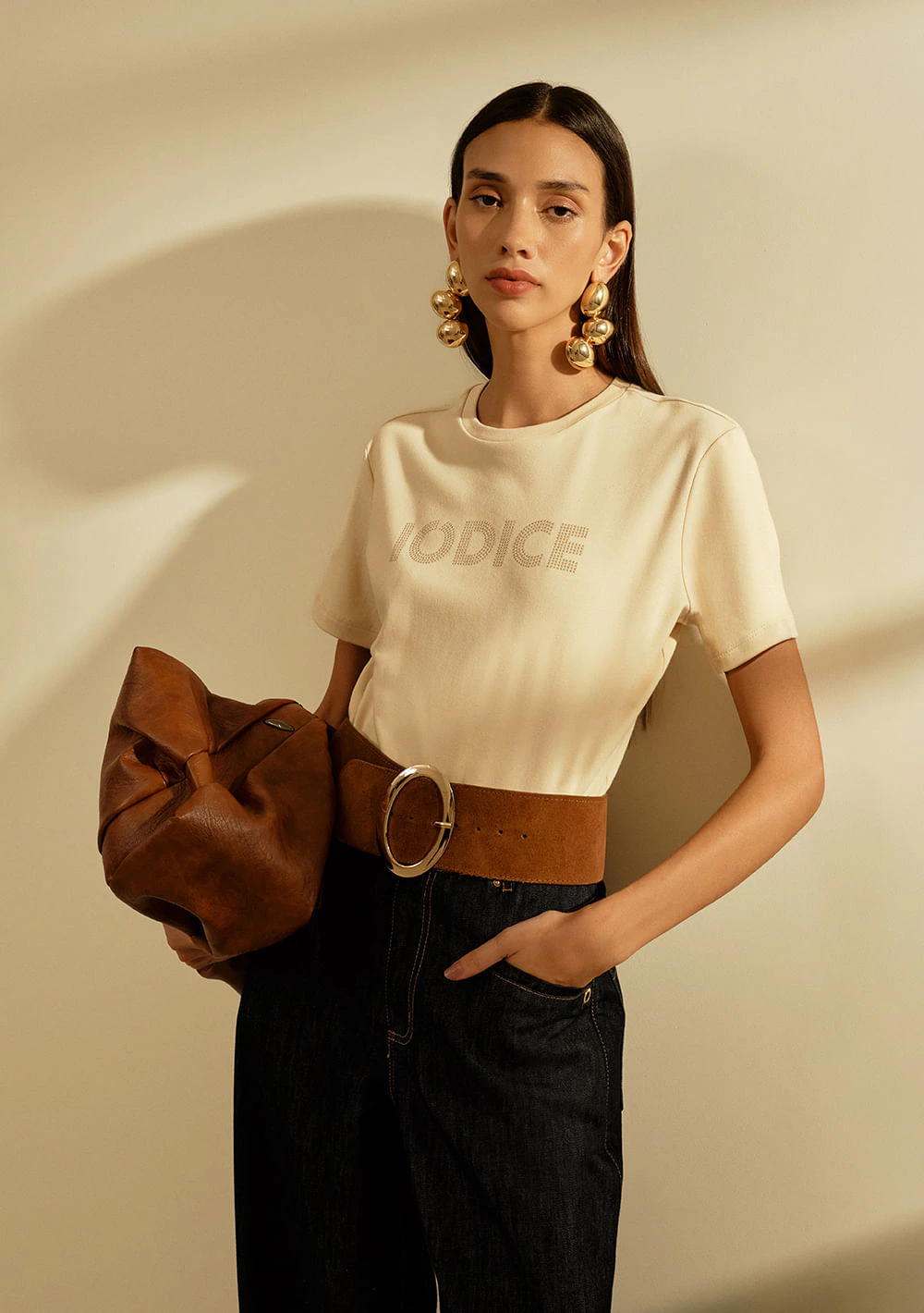 Camiseta Iódice Solta Decote Careca Manga Curta Padrão Off White