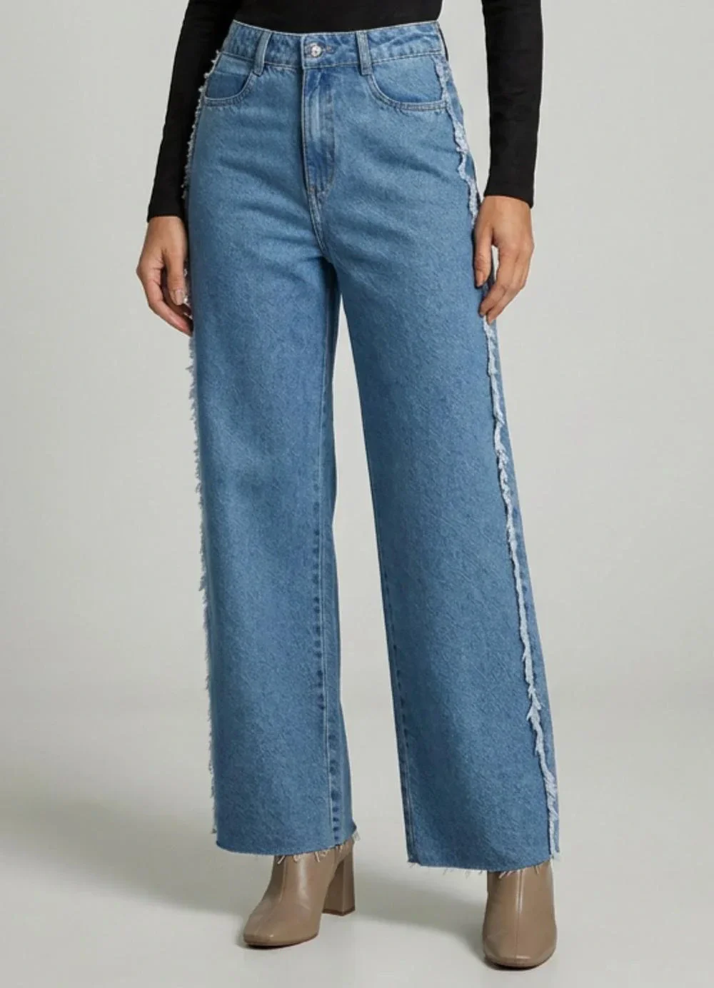 Marialícia - Calça Feminina Wide Leg Franja Jeans Azul
