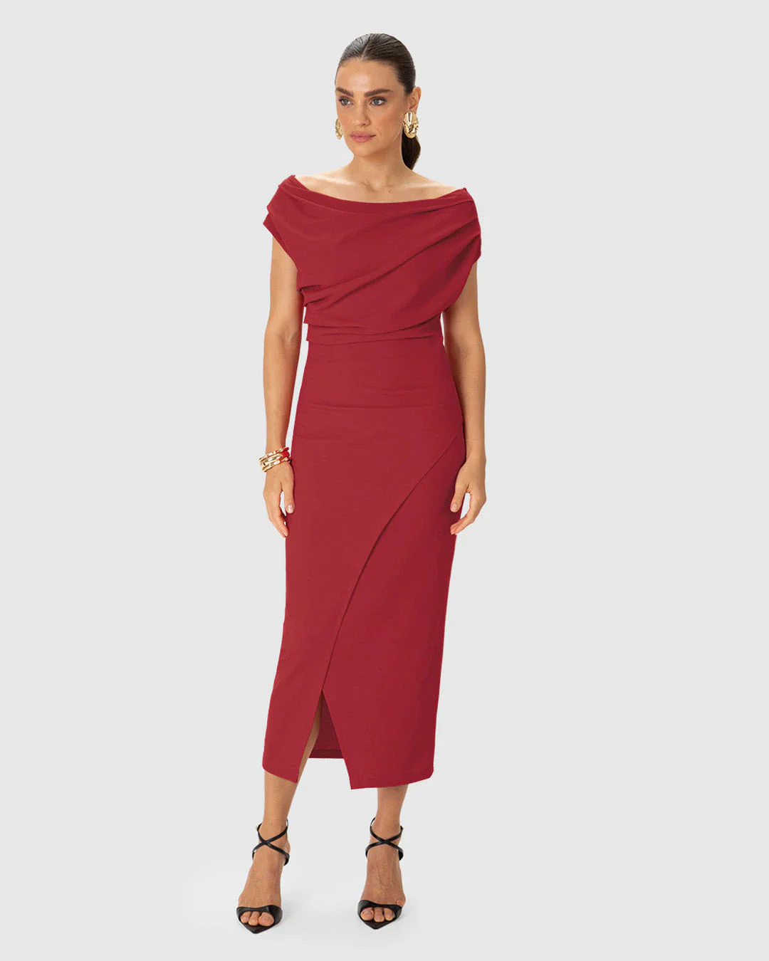 Vestido Midi Feminino Reto Transpassado Fenda Em Malha Creponada - ENFIM