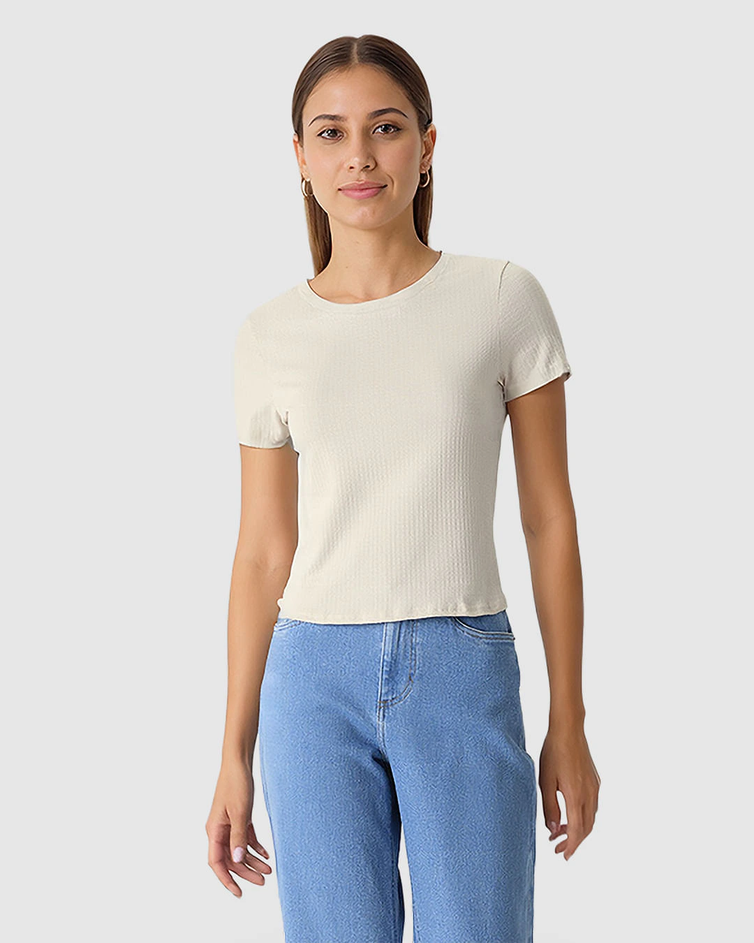 Blusa Cropped Feminina Decote Redondo Manga Curta Em Malha Texturizada