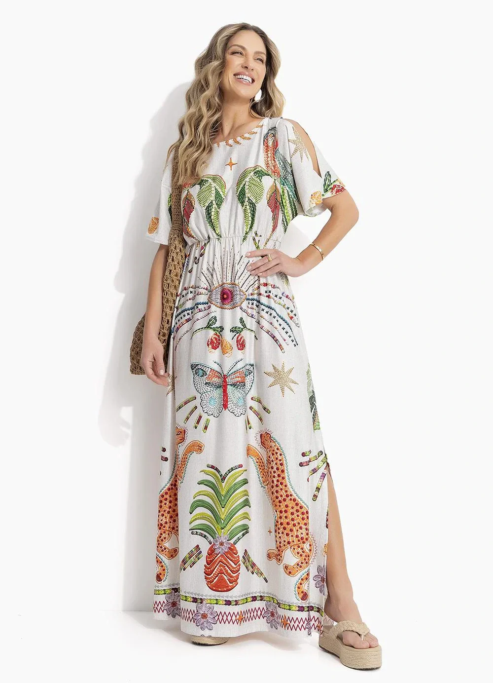 Quintess - Vestido Tropical Colorido em Malha Fria
