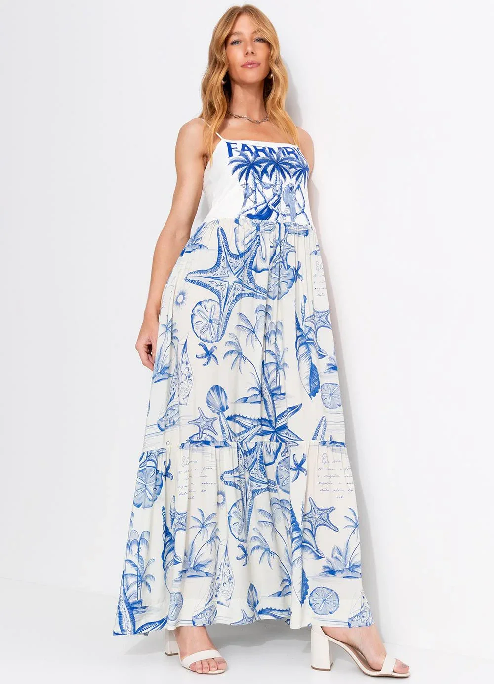 Farm - Vestido Midi Alcinha Cordas e Aves Bege