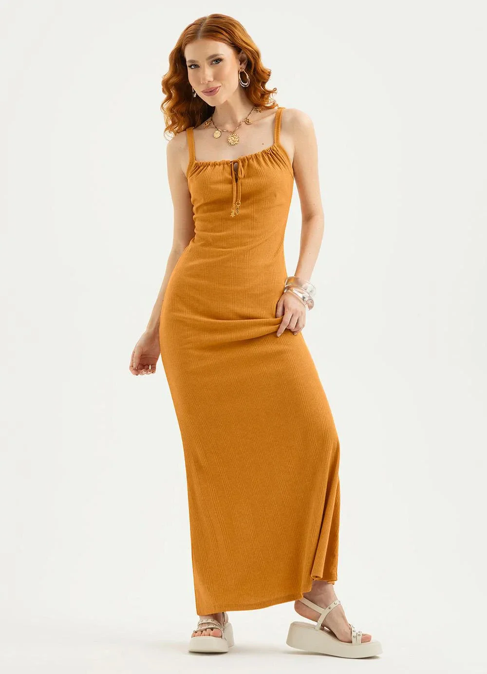 Cativa - Vestido Longo Canelado Laranja