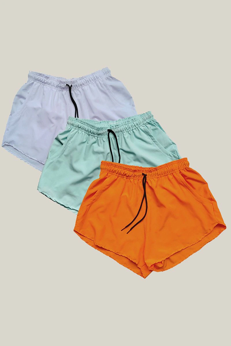Kit 3 Shorts Praia Feminino Branco, Verde Claro e Laranja Neon WSS Brasil