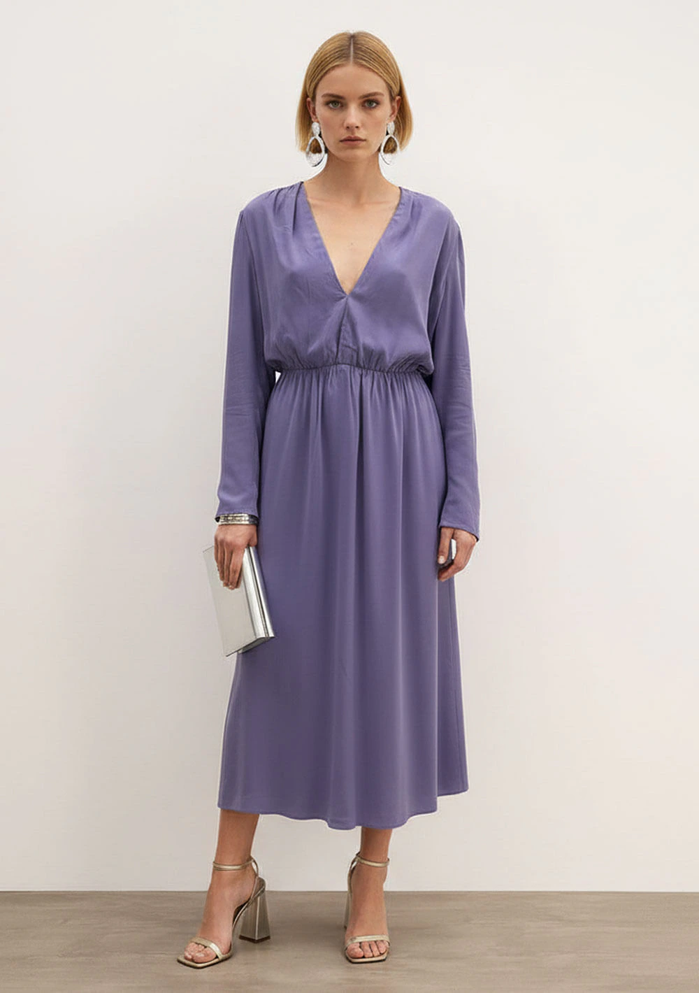 Vestido Ajustado Decote V Manga Longa Midi Lilas