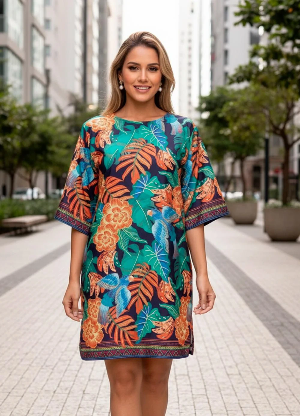 Quintess - Vestido Barrado Tropical em Malha Fria