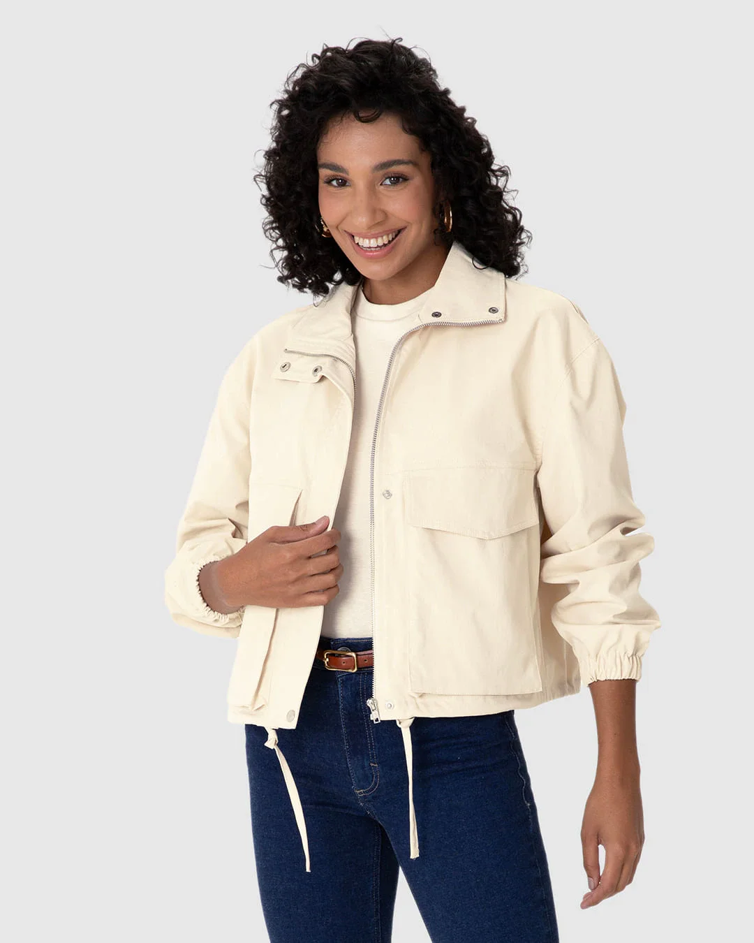 Jaqueta Feminina Bomber Bolso Utilitário Em Tecido Sarjado
