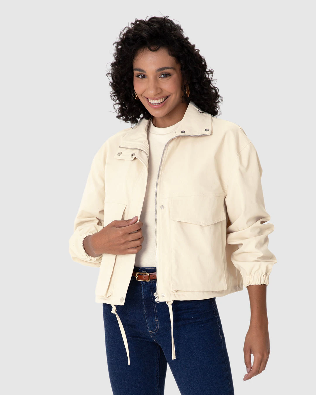 Jaqueta Feminina Bomber Bolso Utilitário Em Tecido Sarjado