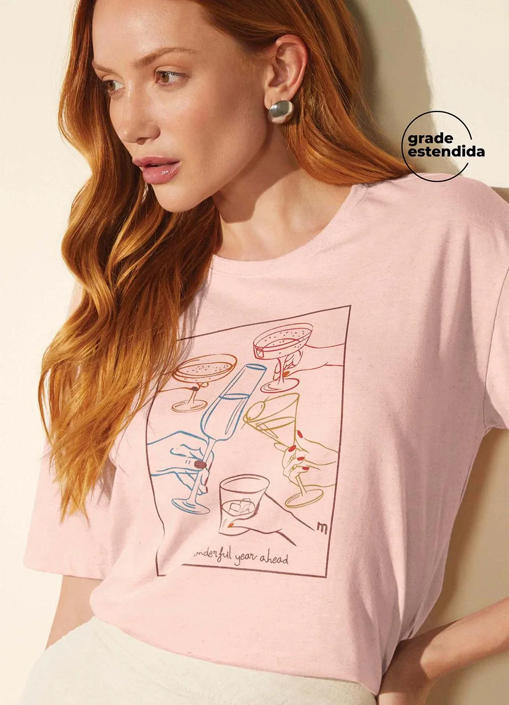 Marialícia - T-Shirt Feminina Eco Linho Estampada Rosa