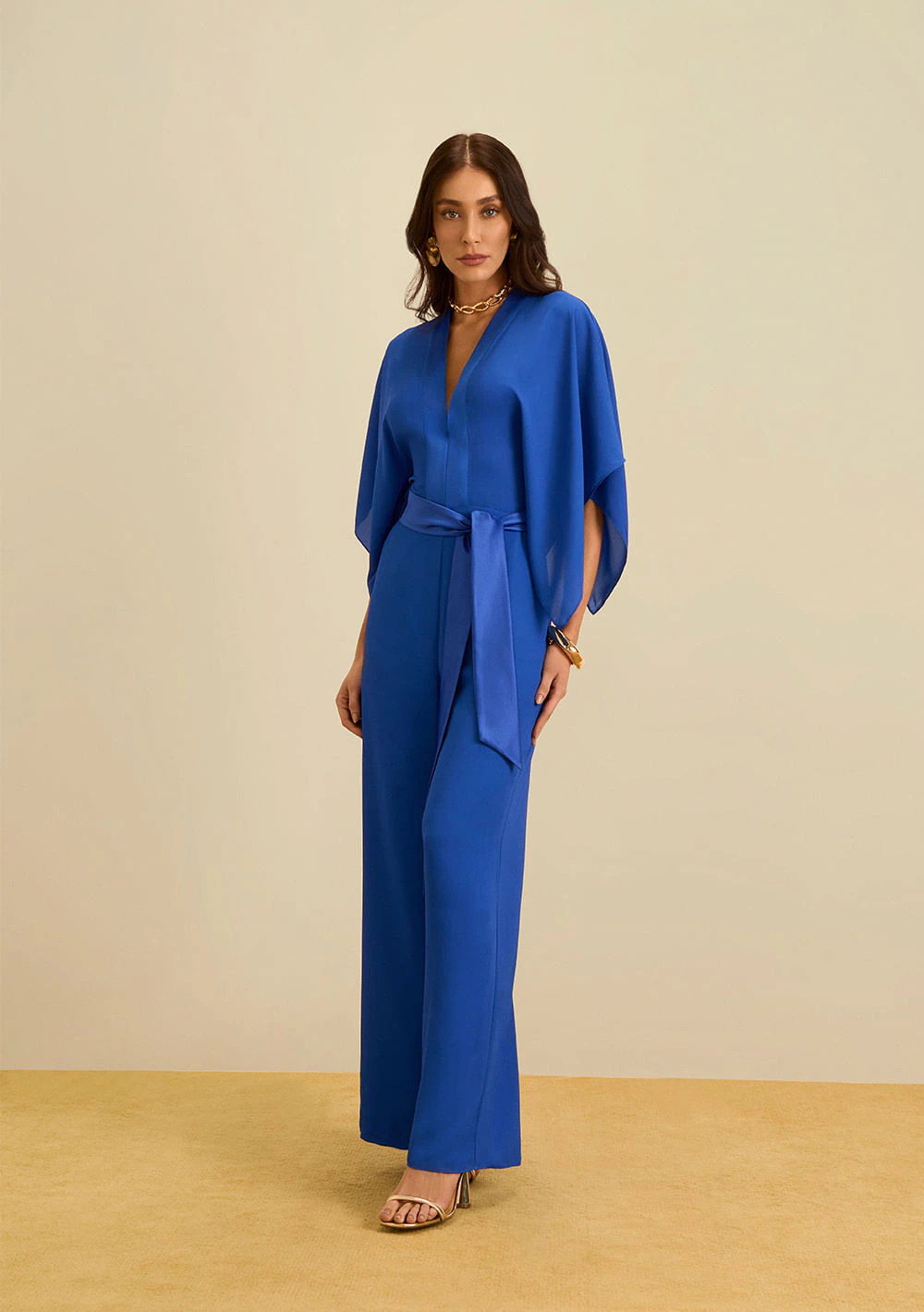 Macacão Maria.Valentina Solto Decote V Manga 7 Oitavos Longo Azul