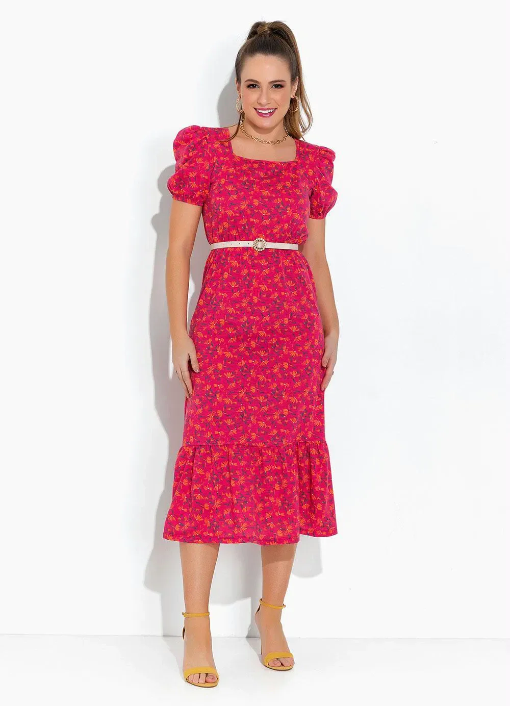 Rosalie - Vestido Floral Rosa com Babado