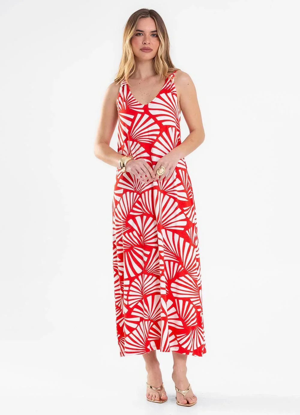 Rovitex - Vestido Midi Gola V Viscotorcion Vermelho