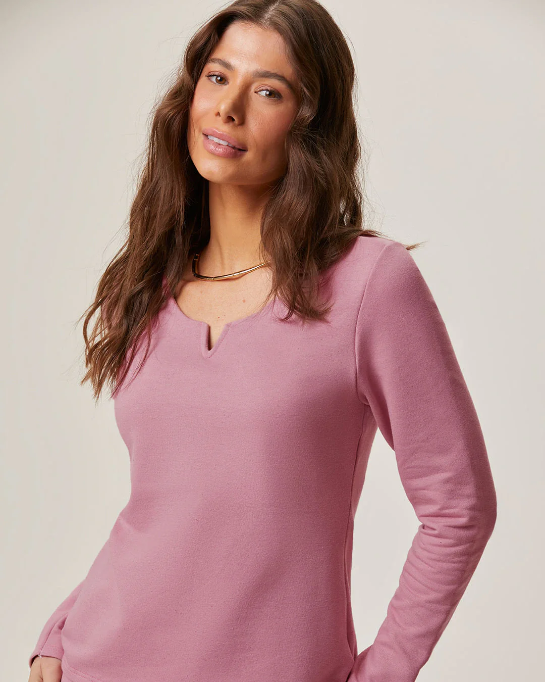 Blusa Feminina Decote Duplo V Manga Longa Em Moletom Linho