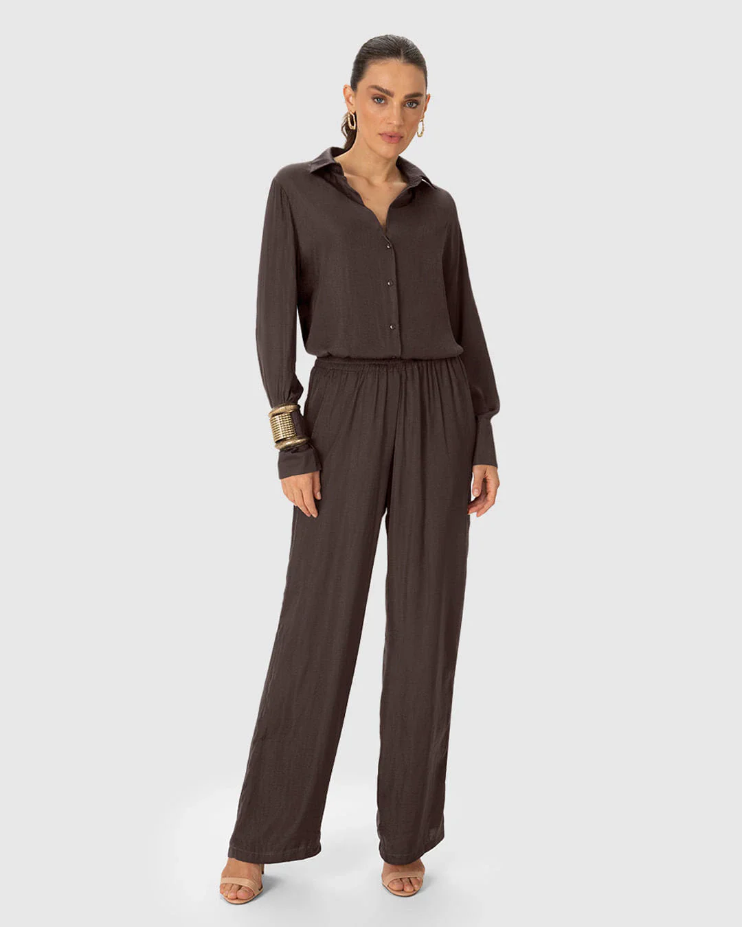 Calça Wide Leg Feminina Bolso Funcional Em Tecido Acetinado - ENFIM