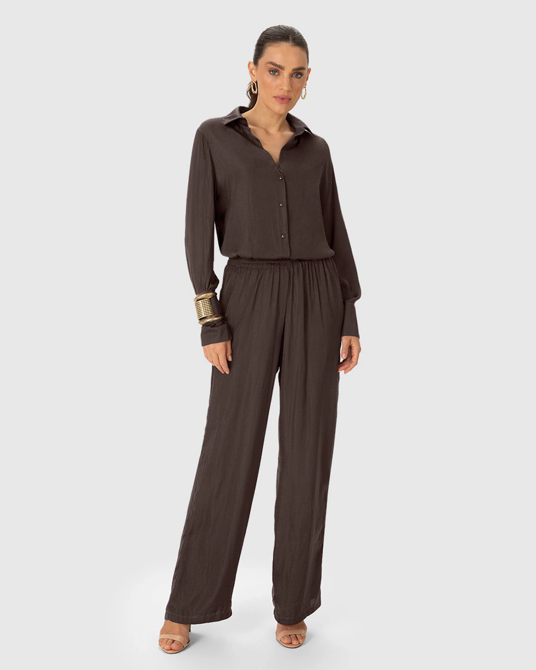 Calça Wide Leg Feminina Bolso Funcional Em Tecido Acetinado - ENFIM
