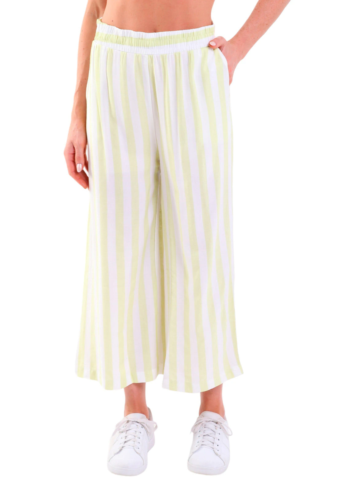 Calça Feminina Viscose Pantacourt Com Bolsos Listrado