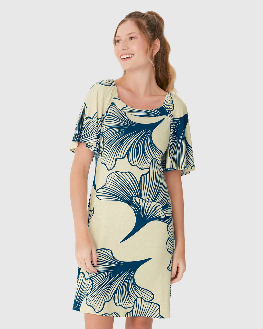 Vestido Feminino Floral Decote Reto Em Malha Viscolinho Stretch