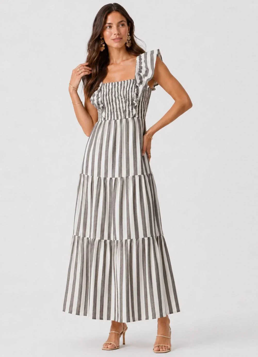 Rovitex - Vestido Midi Feminino Listrado com Lastex Preto