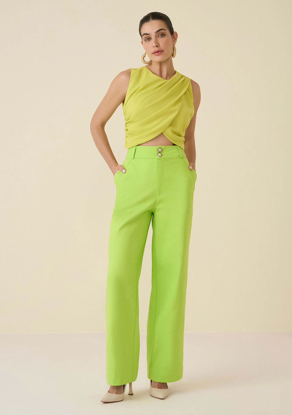 Calça Maria.Valentina Pantalona Cós Alto Com Botão Verde Claro