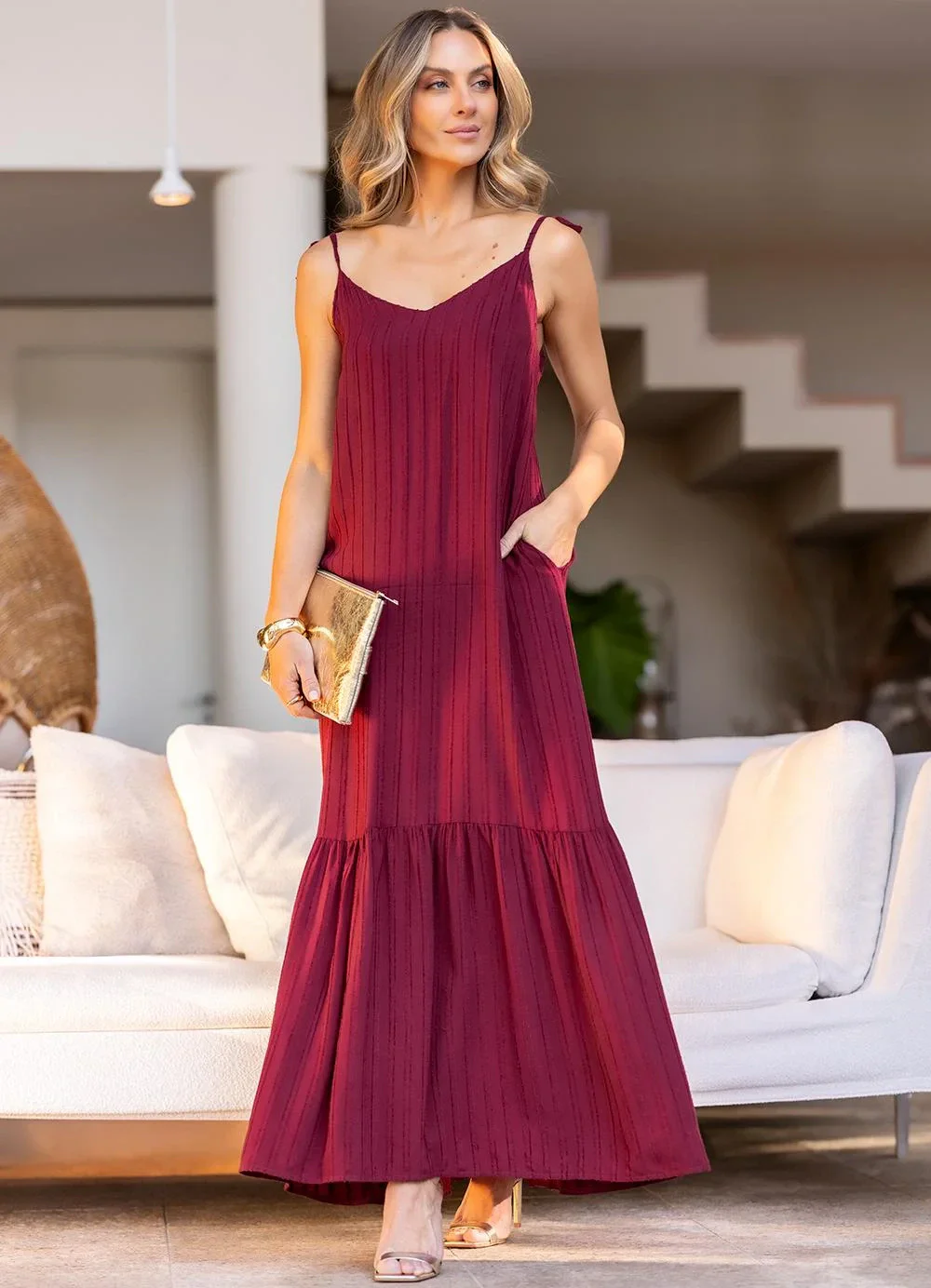 Quintess - Vestido Burgundy em Viscose Plana