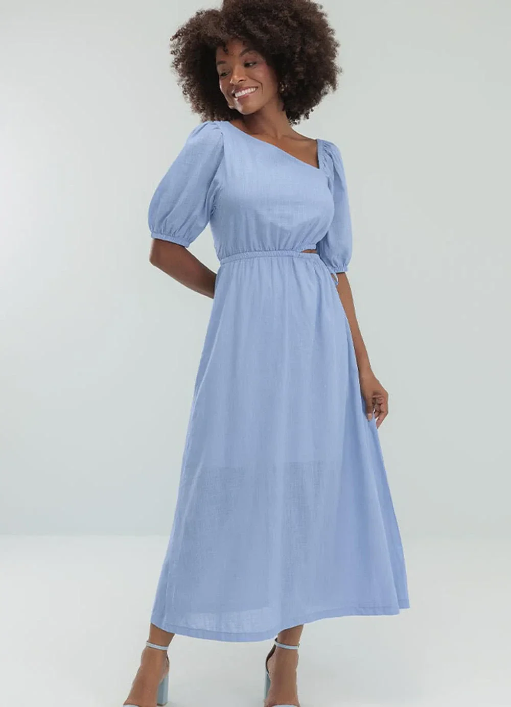 Angel - Vestido Midi Cambraia de Algodão Azul
