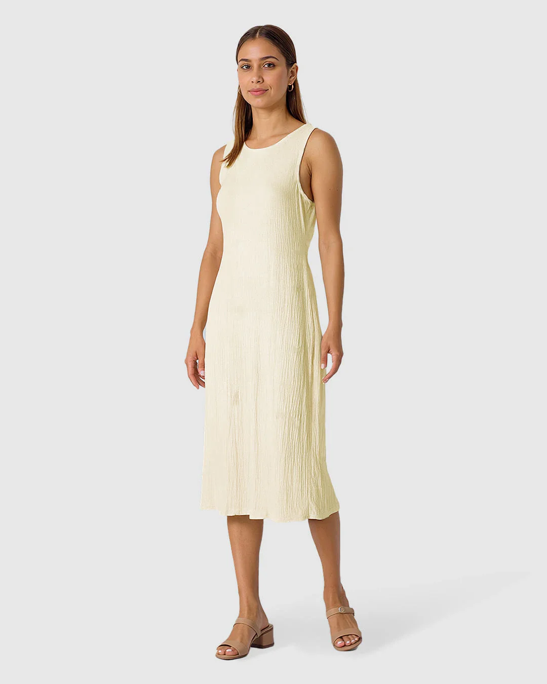Vestido Midi Feminino Fenda Costas Em Tecido Linho Texturizado