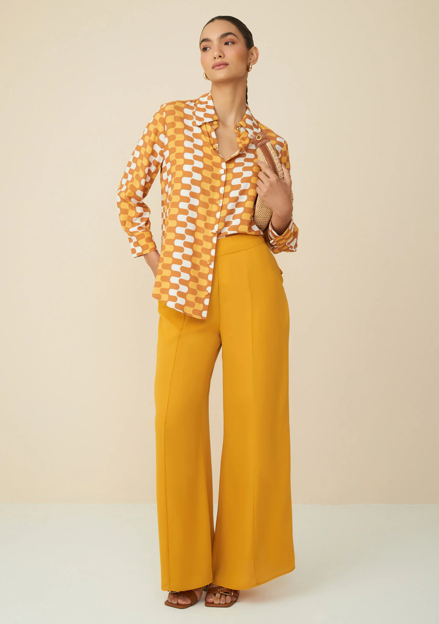 Calça Maria.Valentina Pantalona Cós Alto Com Recorte Amarelo