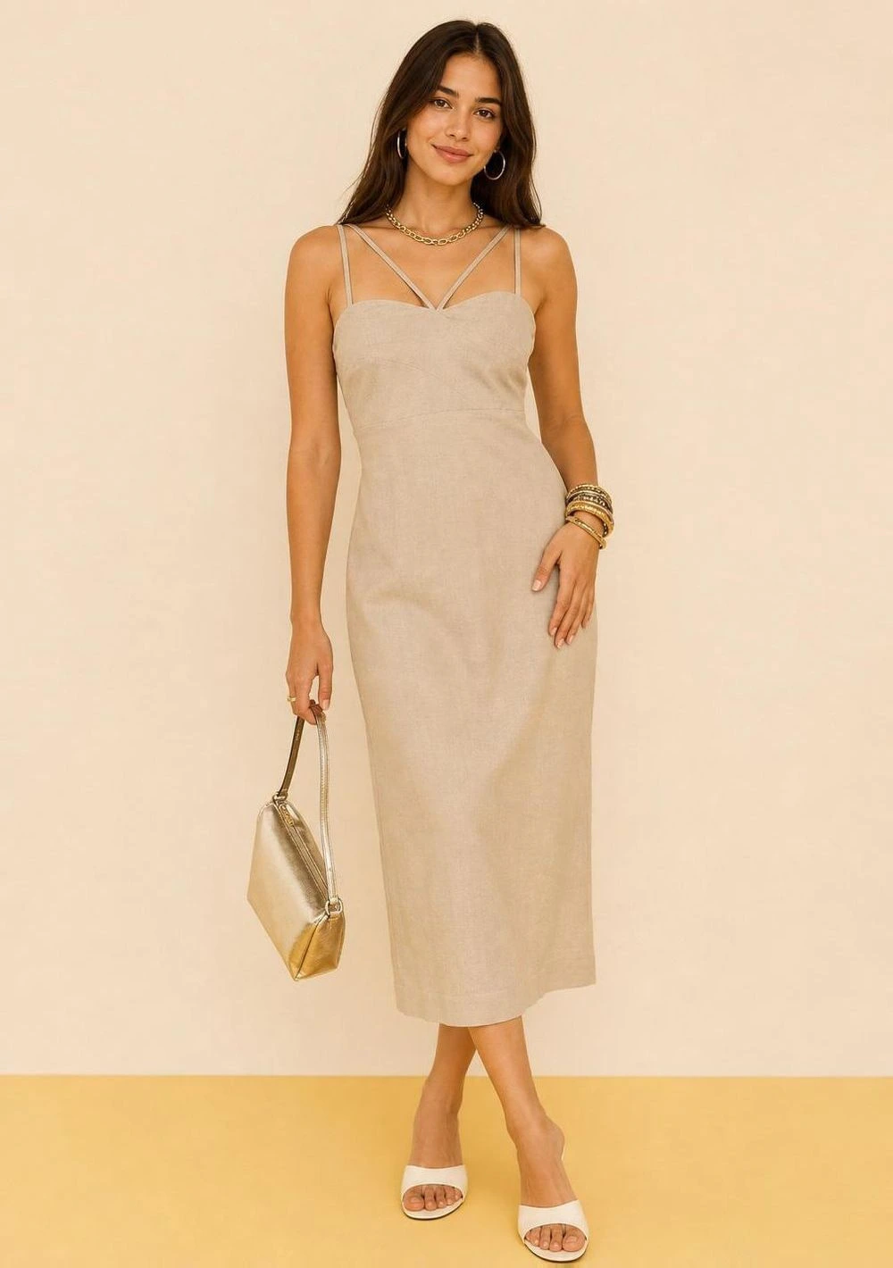Vestido Zinco Ajustado Decote Reto Com Alça Midi Bege Escuro