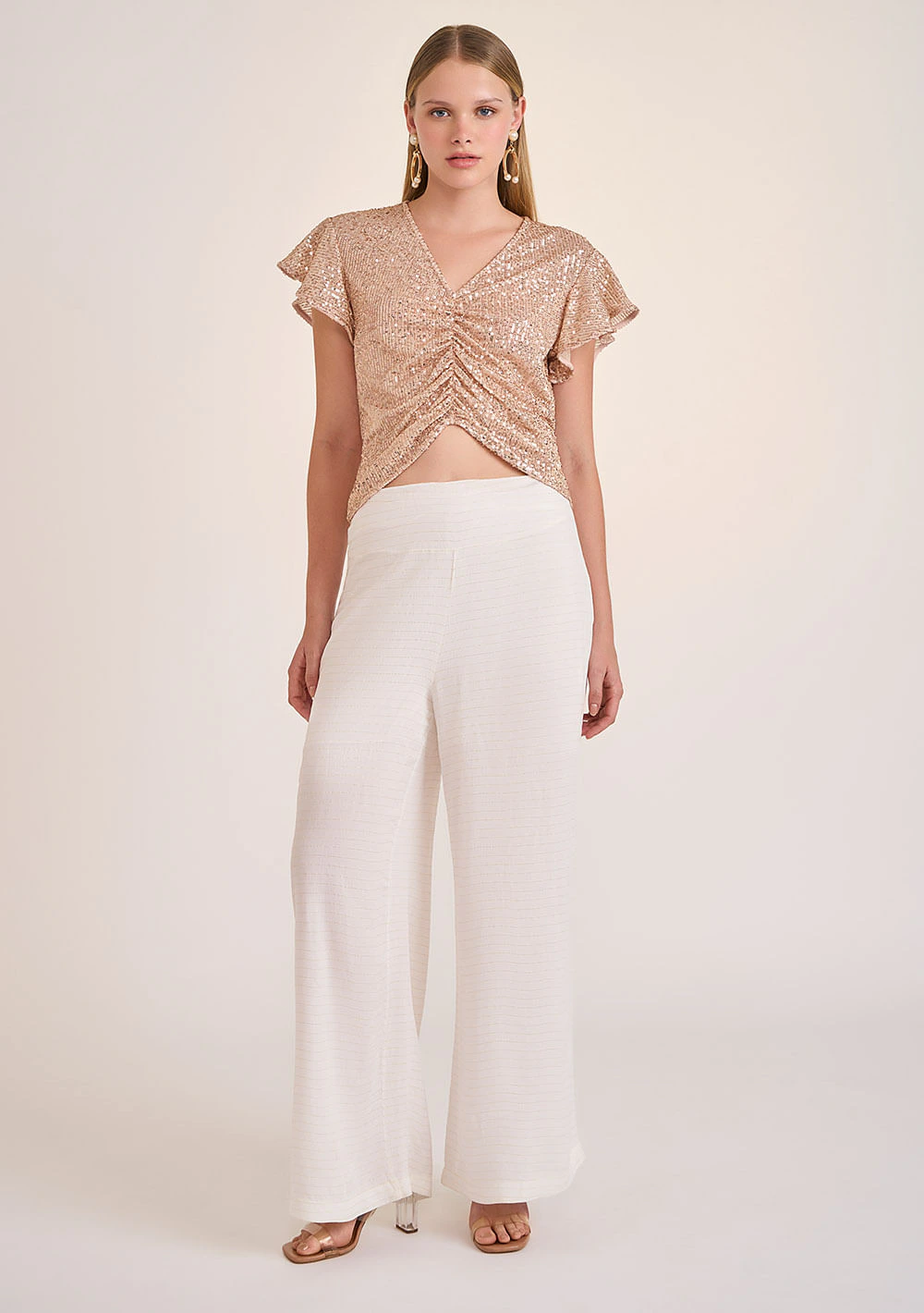 Calça Zinco Pantalona Cós Alto Detalhe Barra Off White