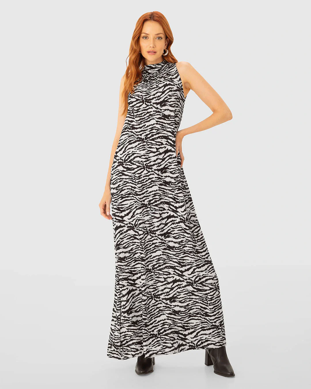 Vestido Longo Feminino Amplo Gola Alta Animal Print Em Viscose - ENFIM