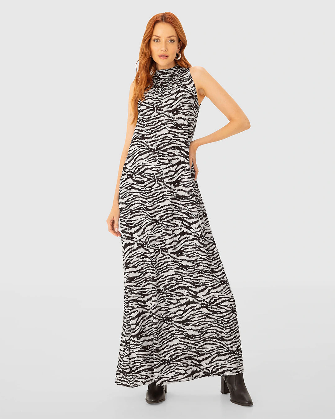 Vestido Longo Feminino Amplo Gola Alta Animal Print Em Viscose - ENFIM