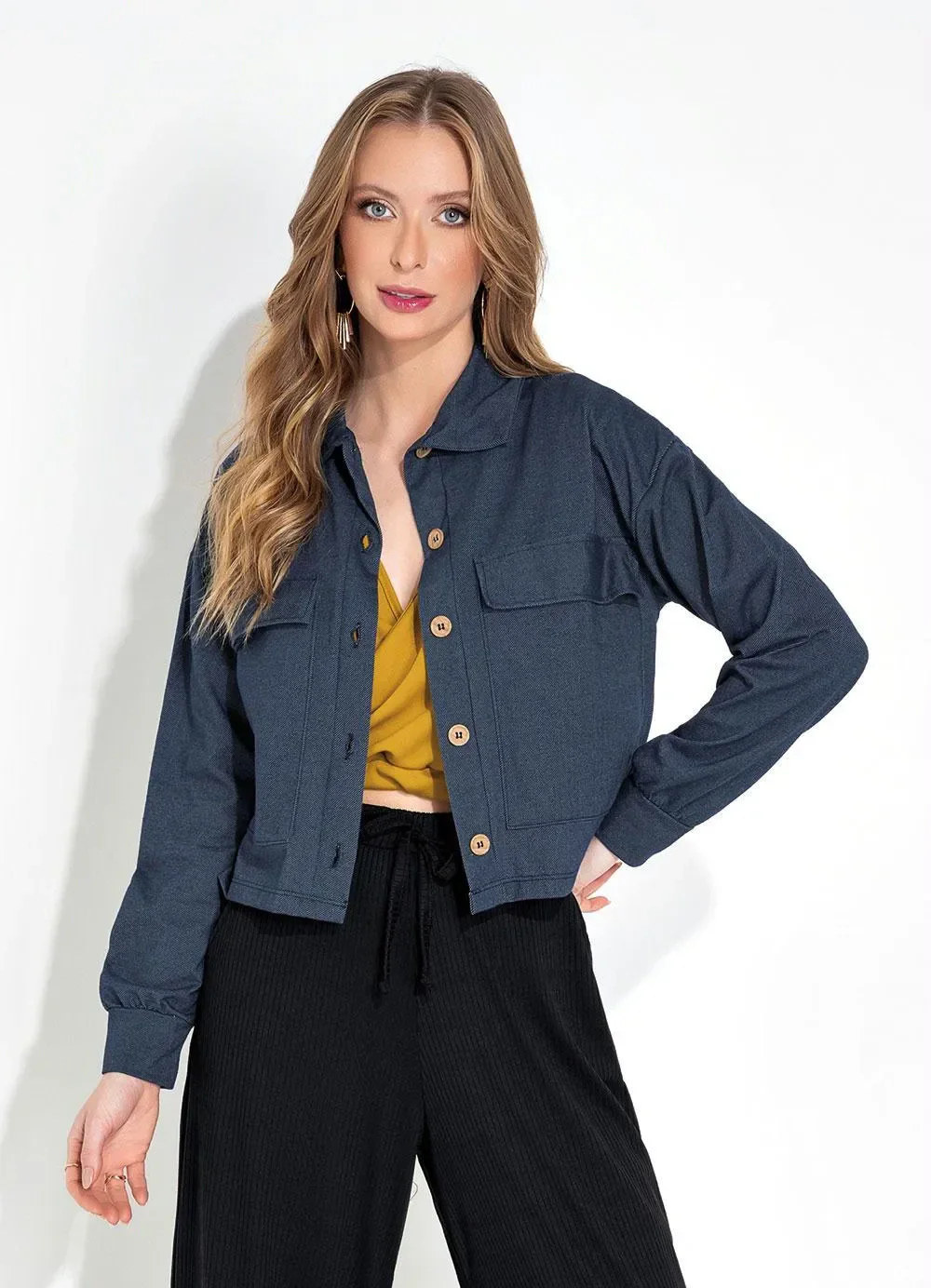 Moda Pop - Casaco Azul com Bolsos e Botões Funcionias
