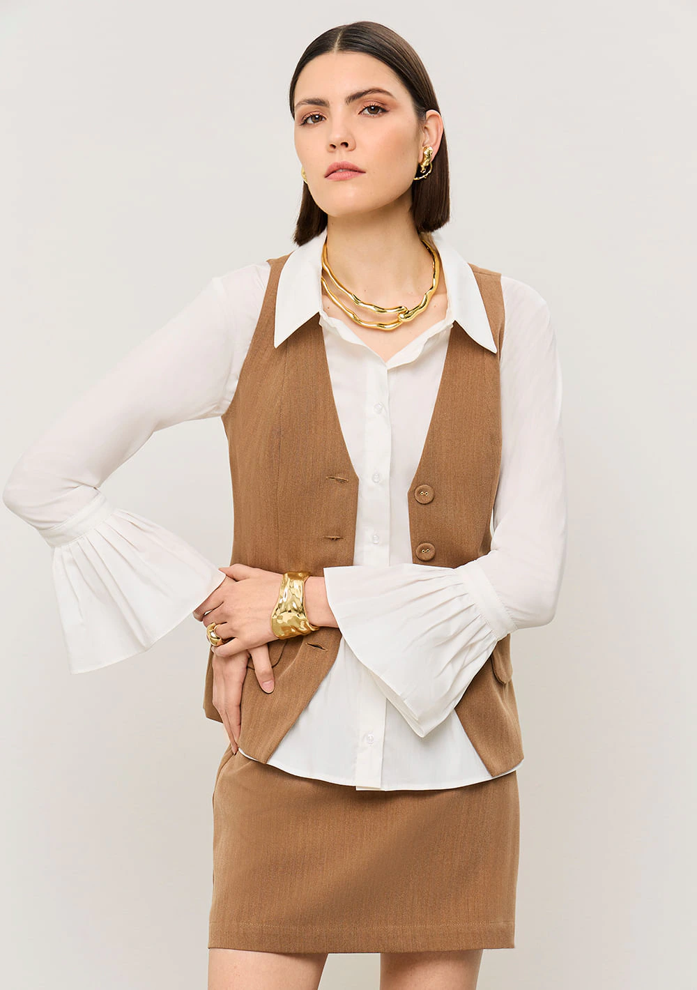 Camisa Iódice Ajustada Gola Tradicional Manga Longa Padrão Off White