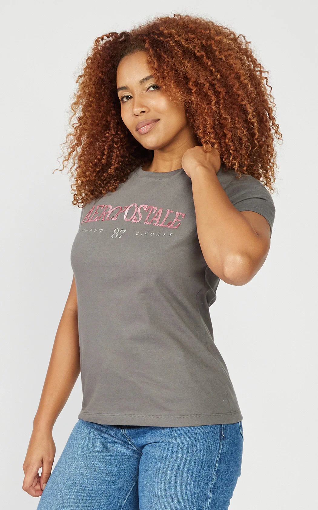 Camiseta Manga Curta Feminina Bordada Aeropostale - Chumbo
