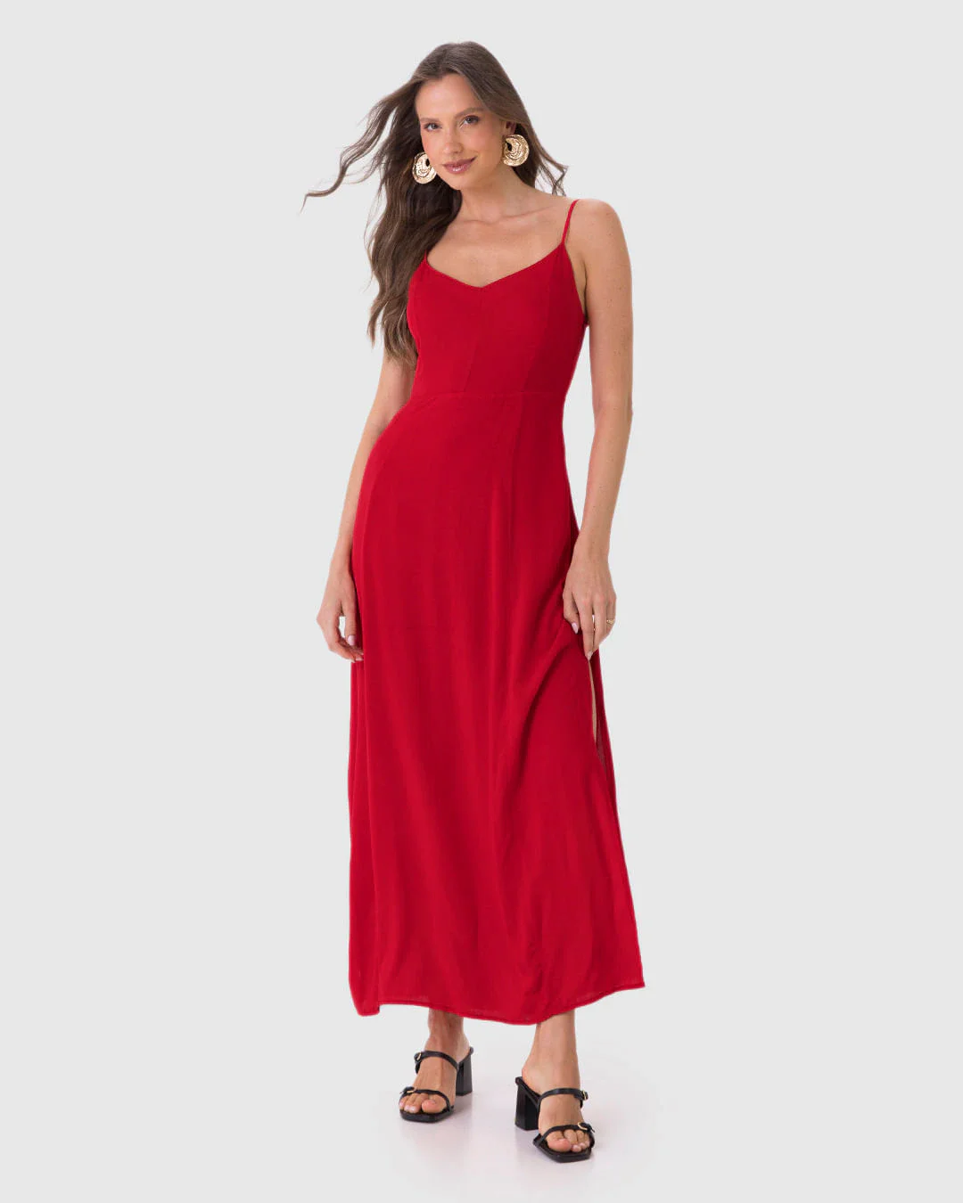 Vestido Midi Feminino Alça Fina Detalhe Fenda Lateral Em Viscose